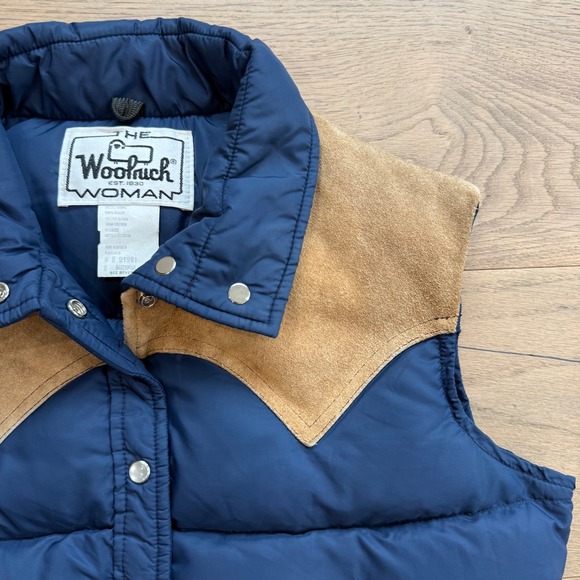 Woolrich Vintage Navy Blue Down Puffer Vest Leather Suede Western Yoke Medium - Picture 9 of 9
